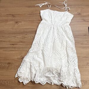 Francesca's Collections White Eyelet Tie-Shoulder Midi Dress